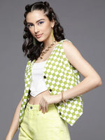 Women Printed Green Sleeveless Jacket