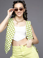 Women Printed Green Sleeveless Jacket