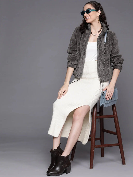 Women Solid Grey Full Sleeve Jacket