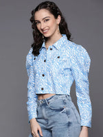 Women Printed Blue Full Sleeve Jacket