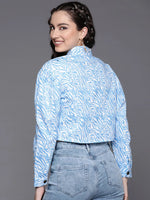 Women Printed Blue Full Sleeve Jacket