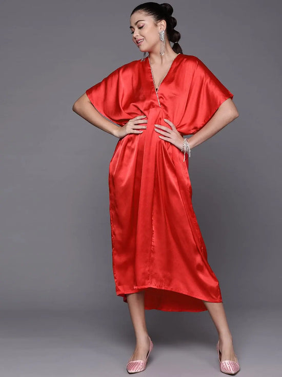 Women Red Satin Kaftan Midi Dress