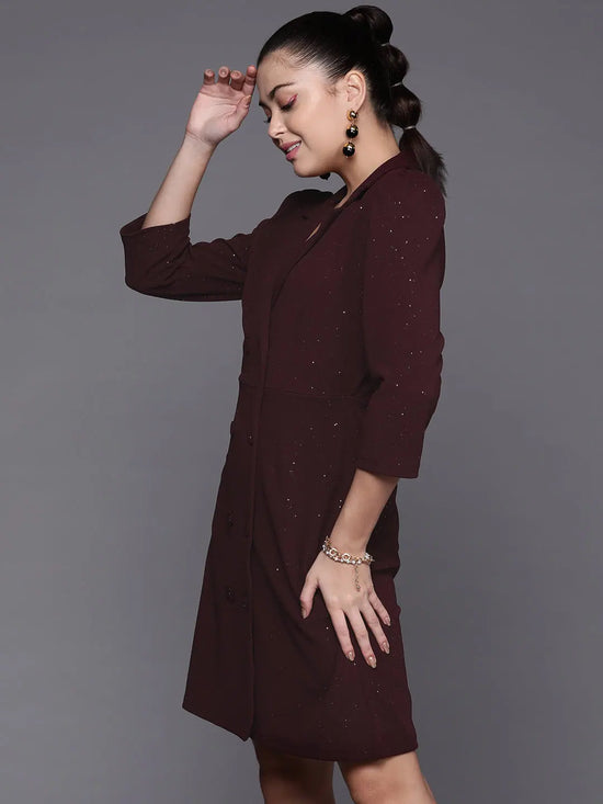 Women Burgundy Shimmer Double Breasted Blazer Dress