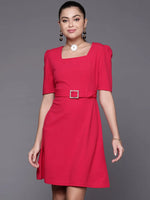 Women Fuchsia Shimmer Square Neck A-Line Belted Dress