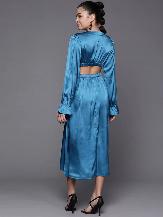 Women Blue Satin Cut Out Midi Dress