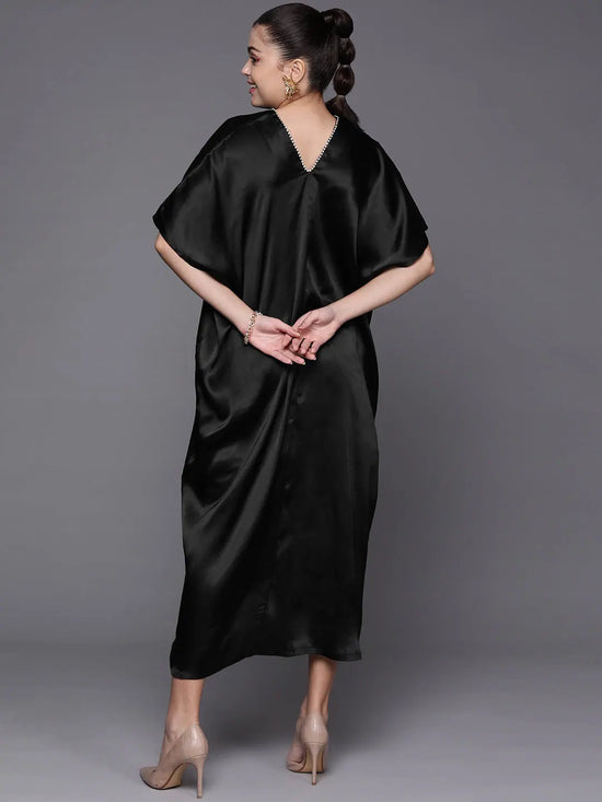 Women Black Satin Kaftan Midi Dress