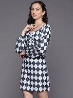 Women Navy Geometric Front Bow Dress