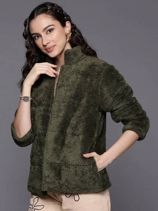 Women Solid Olive Full Sleeve Jacket