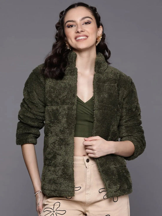 Women Solid Olive Full Sleeve Jacket