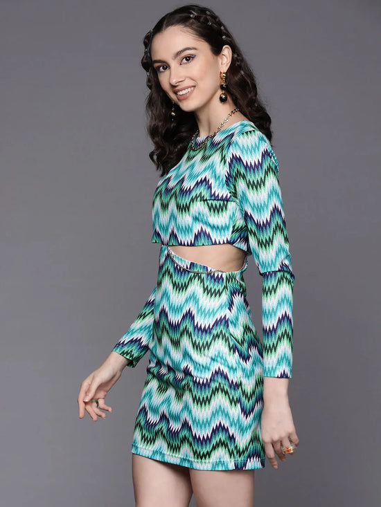 Women Blue Chevron Side Cut Out Dress