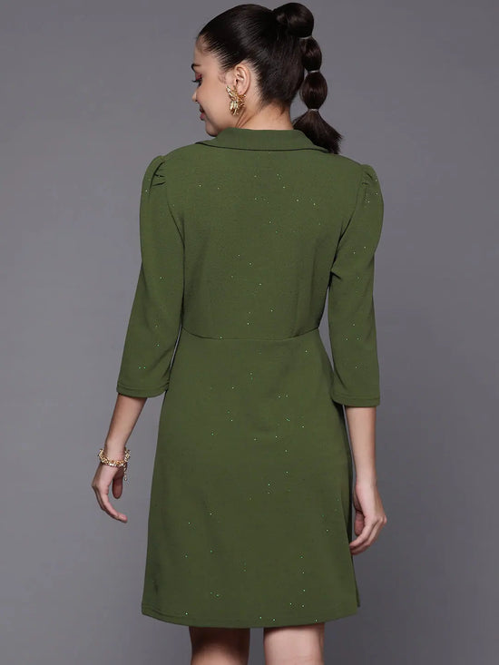 Women Olive Shimmer Double Breasted Blazer Dress