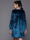 Women Blue Velvet Full Slevees Loose Fit Dress