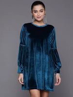 Women Blue Velvet Full Slevees Loose Fit Dress