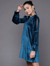 Women Blue Velvet Full Slevees Loose Fit Dress