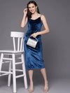 Women Blue Velvet Cowl Neck Bodycon Dress