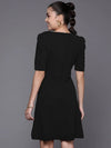 Women Black Shimmer Square Neck A-Line Belted Dress