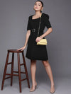 Women Black Shimmer Square Neck A-Line Belted Dress