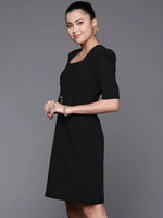 Women Black Shimmer Square Neck A-Line Belted Dress