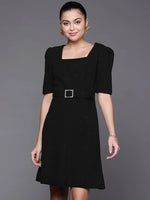 Women Black Shimmer Square Neck A-Line Belted Dress