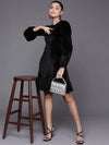 Women Black Velvet Frill Hem Dress