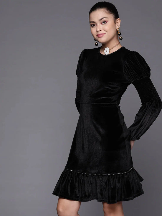 Women Black Velvet Frill Hem Dress