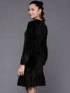 Women Black Velvet Frill Hem Dress