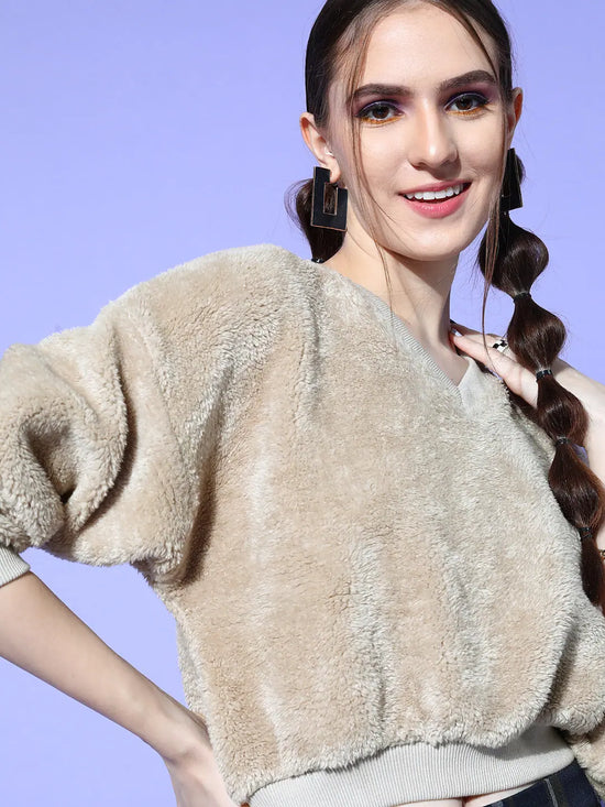 Women Beige V-Neck Fur Crop Sweatshirt