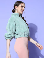 Women Sea Green Fur Zipper Sweatshirt