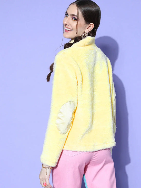 Women Yellow High Neck Fur Sweatshirt