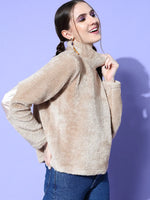 Women Beige High Neck Fur Sweatshirt