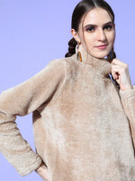 Women Beige High Neck Fur Sweatshirt