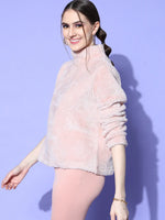 Women Pink High Neck Fur Sweatshirt