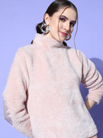 Women Pink High Neck Fur Sweatshirt