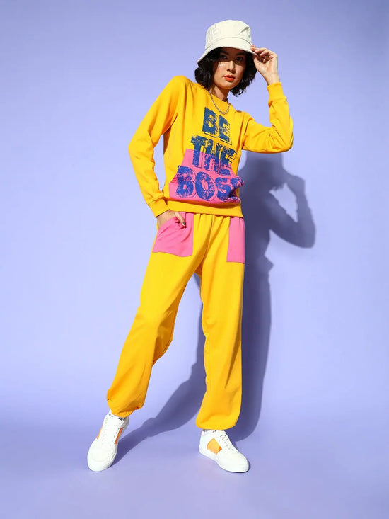 Women Yellow BE THE BOSS Kangaroo Pocket Sweatshirt