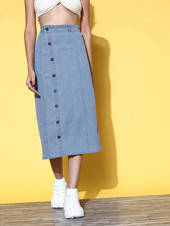 Women Blue Front Button Midi Denim Skirt