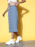 Women Blue Front Button Midi Denim Skirt