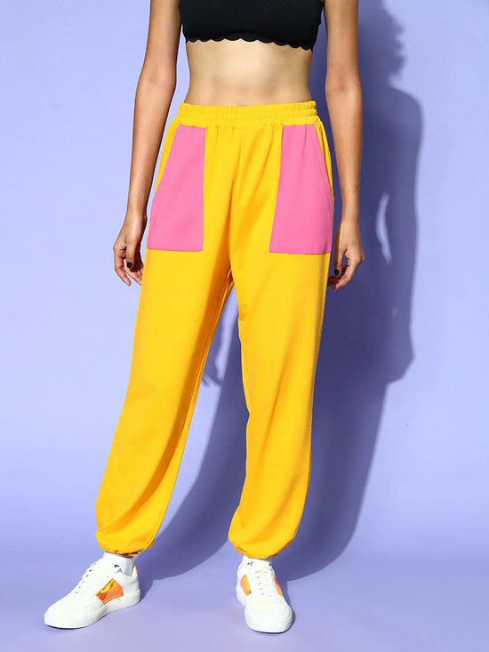 Women Yellow Pull Hem Patch Pocket Joggers