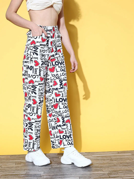 Women Red Love Heart Print Straight Pants