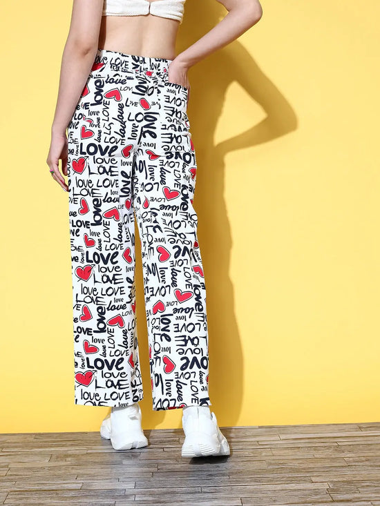 Women Red Love Heart Print Straight Pants