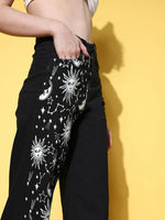 Women Black Printed Straight Jeans