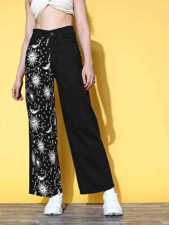 Women Black Printed Straight Jeans