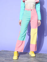 Women Pink Color Block Straight Twill Jeans