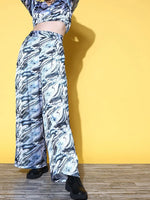 Women Blue & Black Satin Marble Side Slit Flare Pants