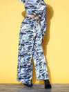 Women Blue & Black Satin Marble Side Slit Flare Pants