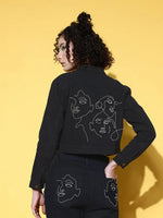 Women Embroidered Black Collared Neck Full Sleeve Jacket