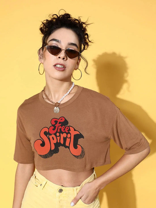 Women Brown Free Spirit Crop T-shirt