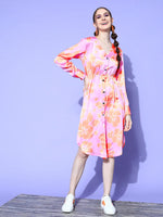 Women Pink Satin Floral Midi Shirt Dress