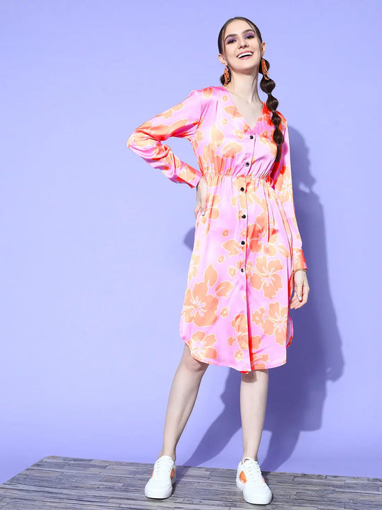 Women Pink Satin Floral Midi Shirt Dress