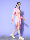 Women Pink Satin Floral Midi Shirt Dress