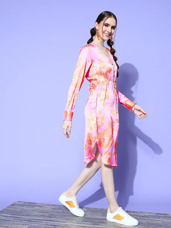 Women Pink Satin Floral Midi Shirt Dress